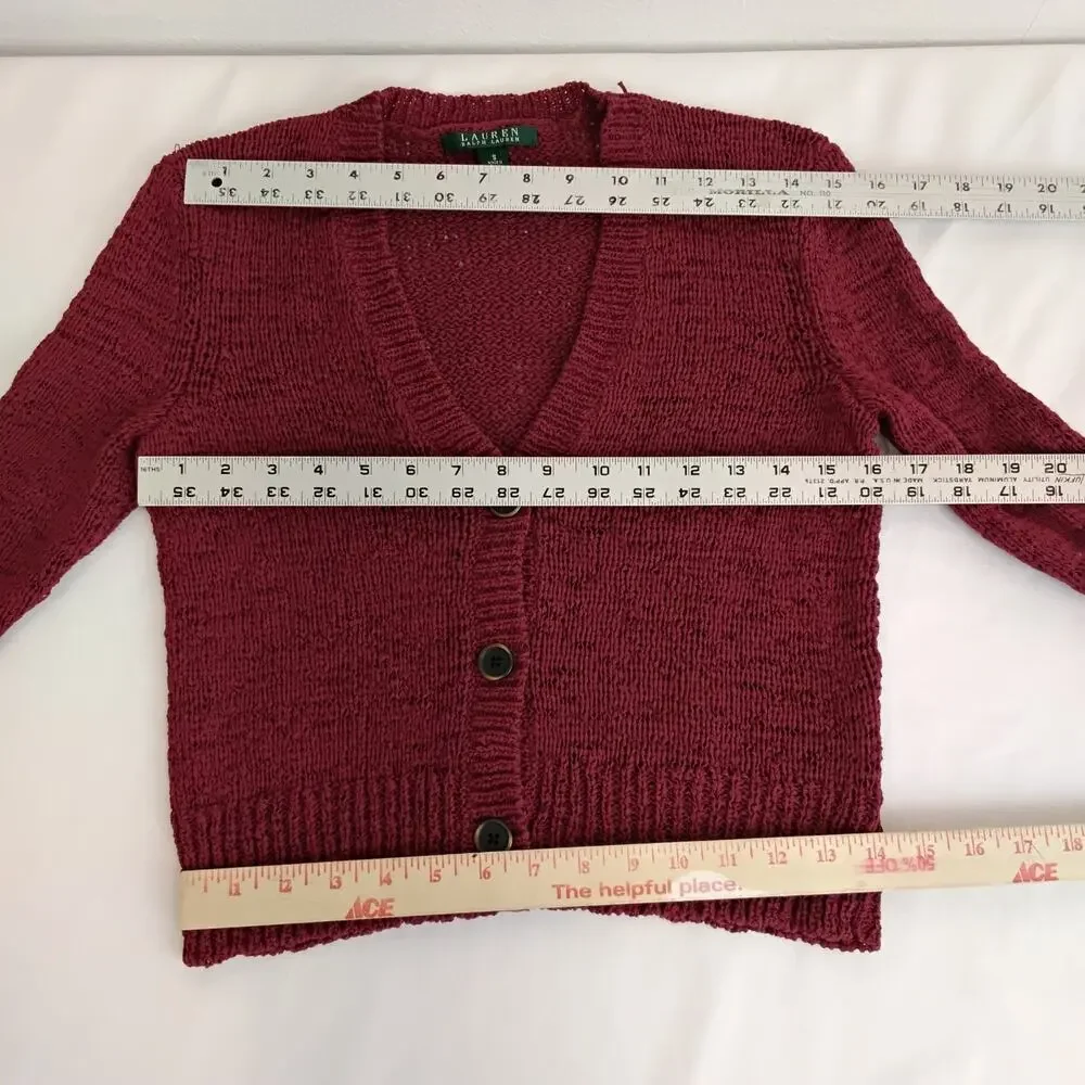 Lauren Ralph Lauren Cardigan Sweater Women's S Cropped Red Textured Knit #J5843